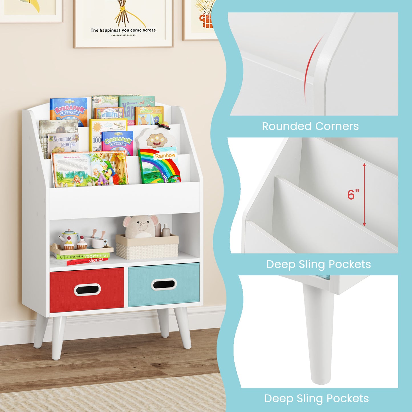 Kids Bookshelf with Open Compartment for Toddlers 3+ Years Old-White Kids Crystal