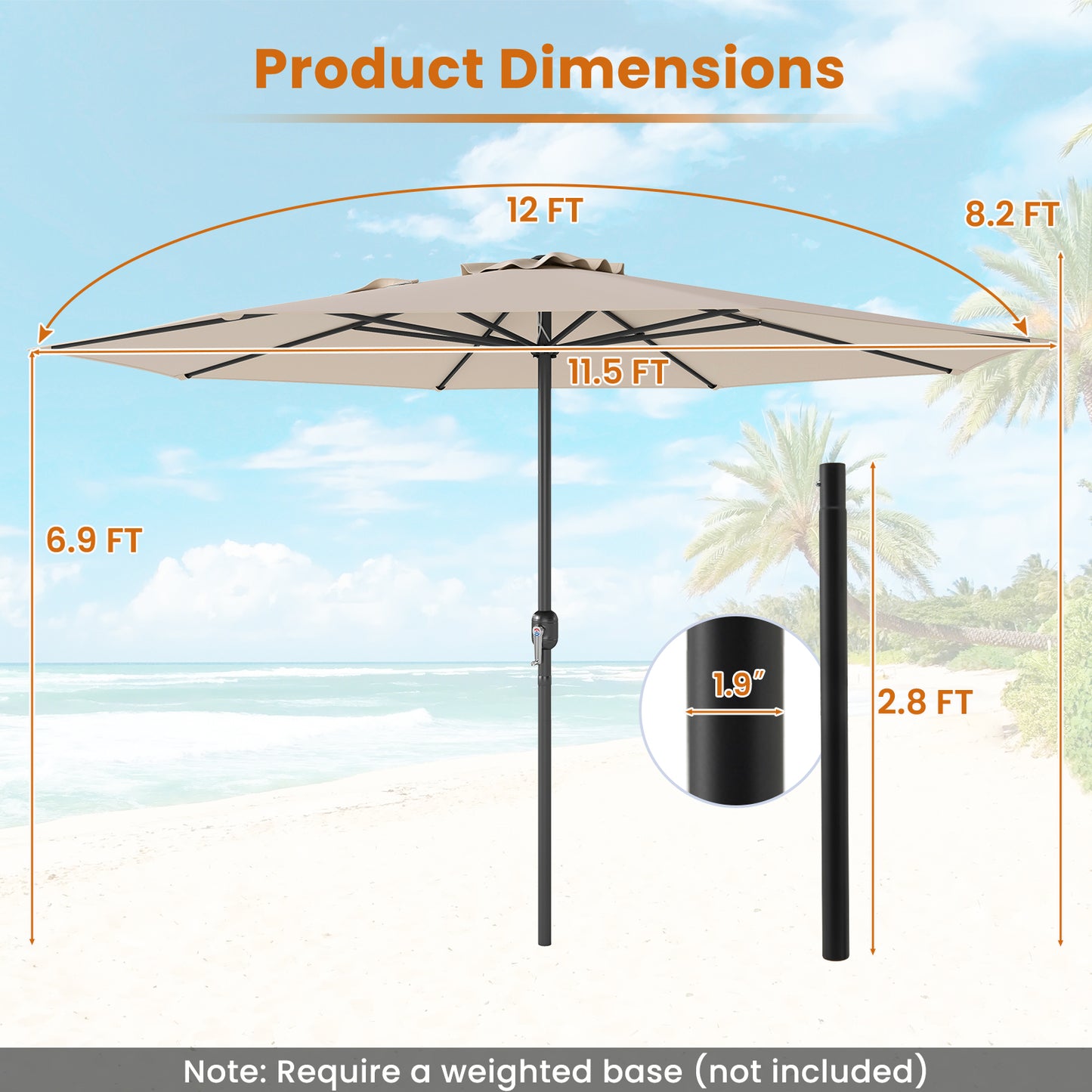 12 Feet Patio Umbrella with Crank Handle and 8 Sturdy Ribs-Beige Kids Crystal