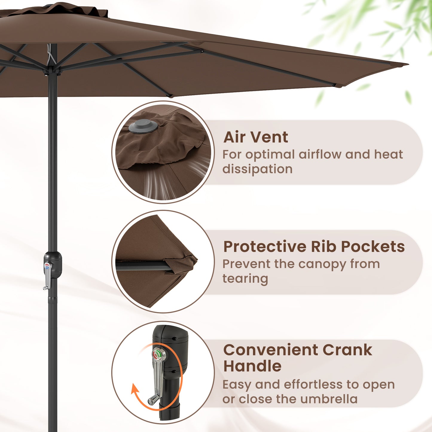 12 Feet Patio Umbrella with Crank Handle and 8 Sturdy Ribs-Coffee Kids Crystal