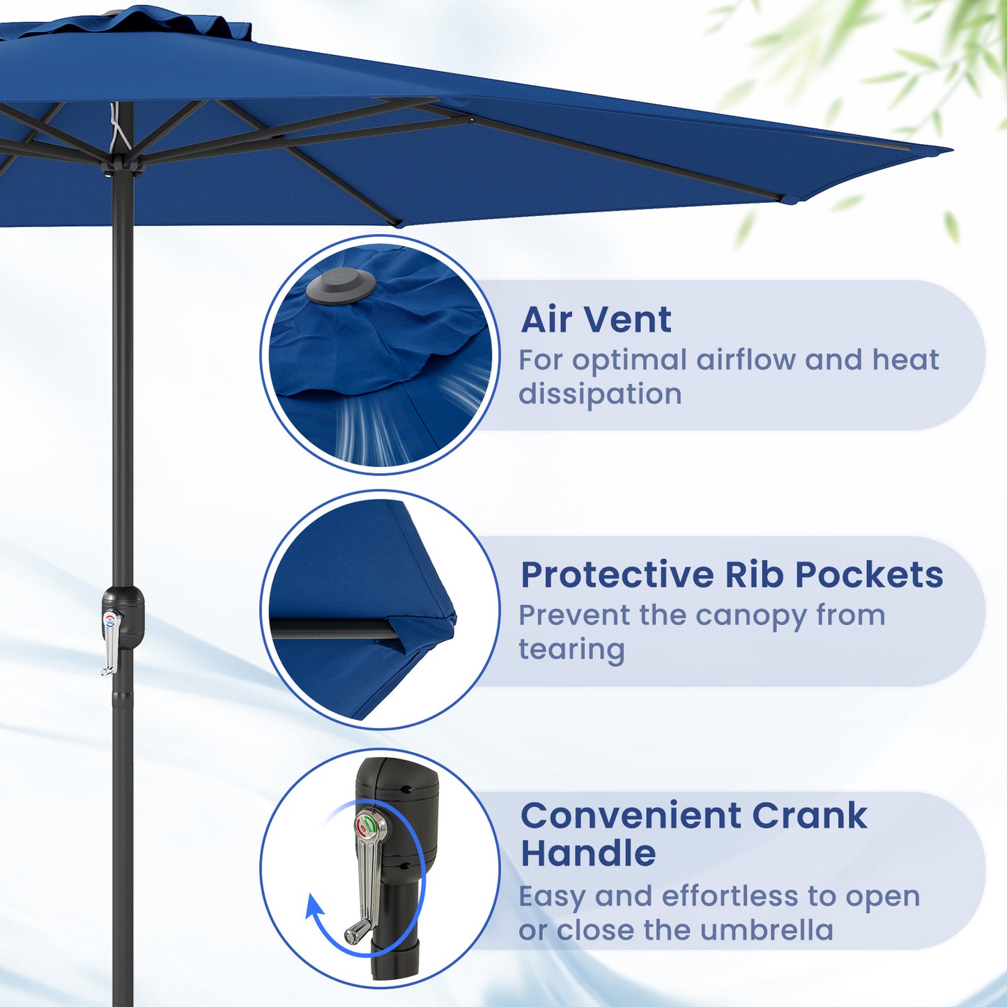 12 Feet Patio Umbrella with Crank Handle and 8 Sturdy Ribs-Navy Kids Crystal