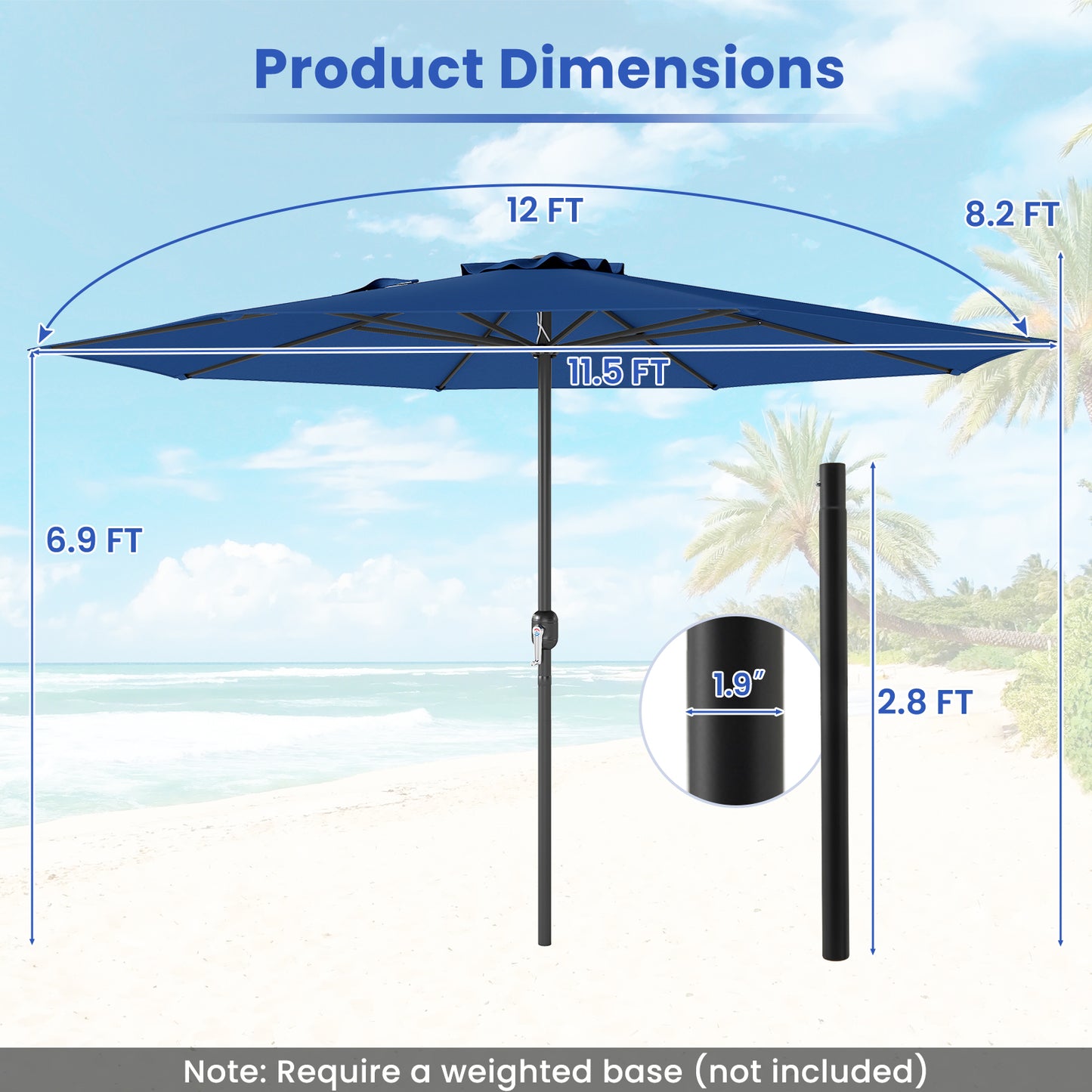 12 Feet Patio Umbrella with Crank Handle and 8 Sturdy Ribs-Navy Kids Crystal