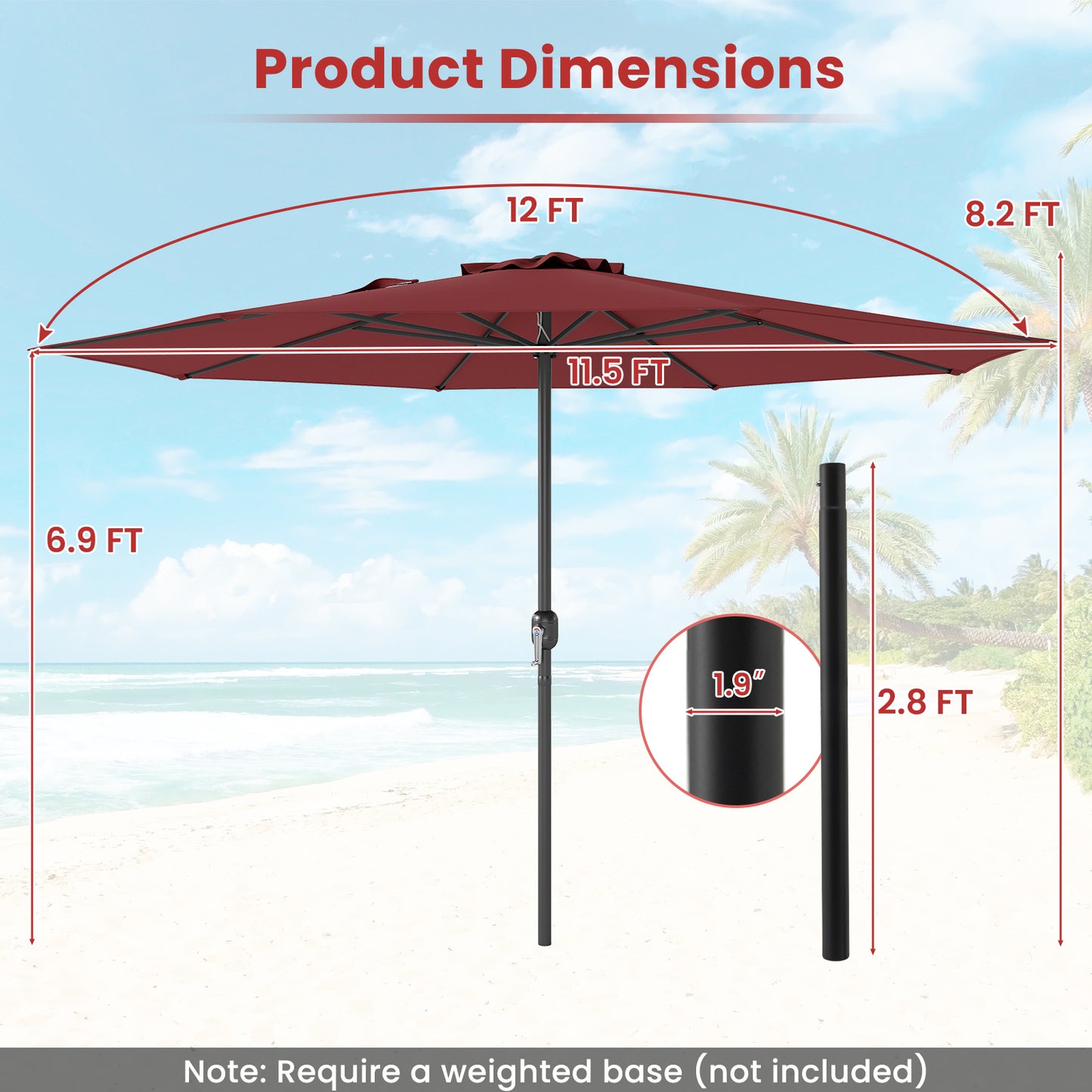 12 Feet Patio Umbrella with Crank Handle and 8 Sturdy Ribs-Red Kids Crystal