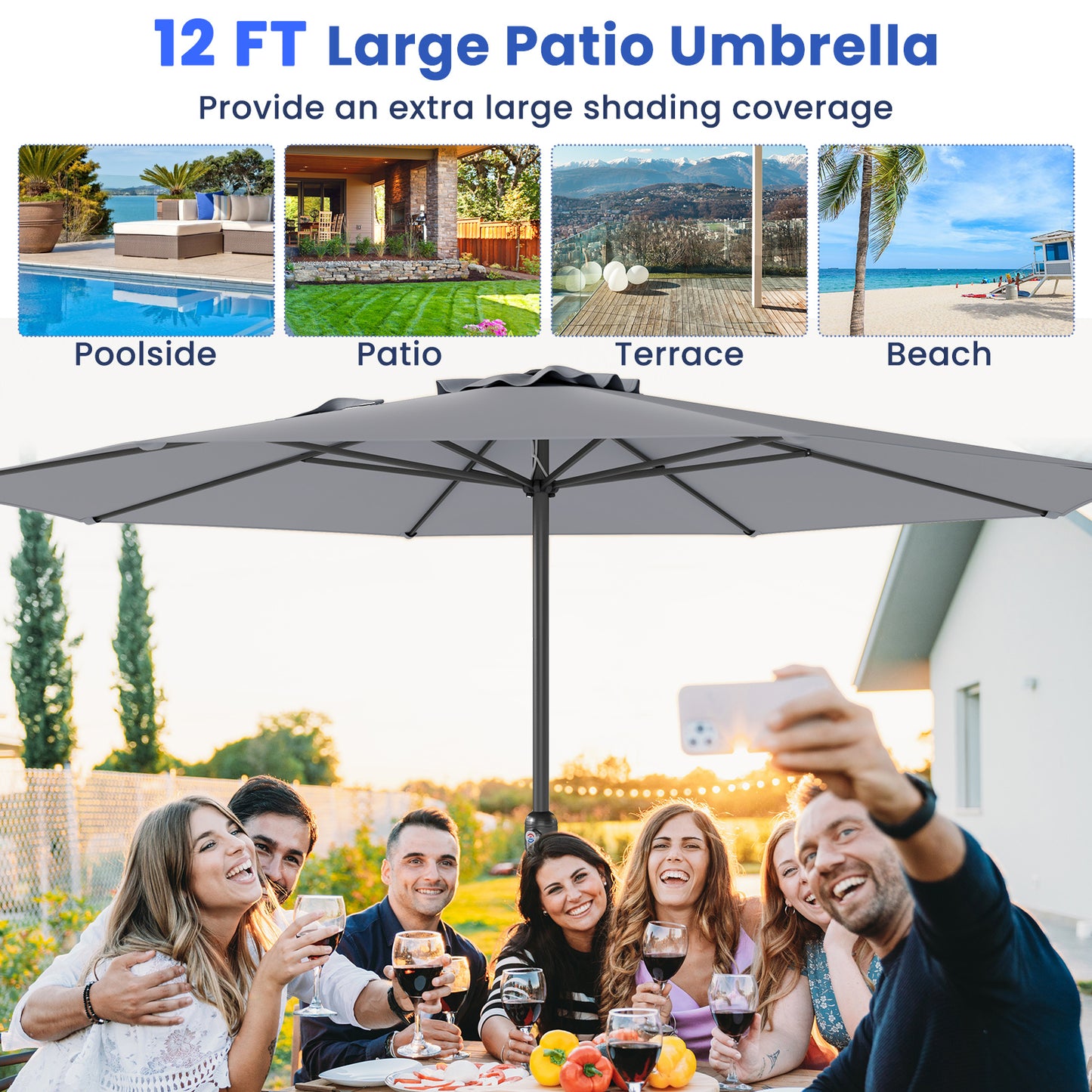 12 Feet Patio Umbrella with Crank Handle and 8 Sturdy Ribs-Gray Kids Crystal