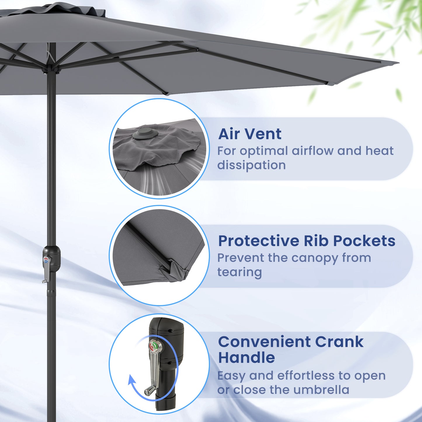 12 Feet Patio Umbrella with Crank Handle and 8 Sturdy Ribs-Gray Kids Crystal