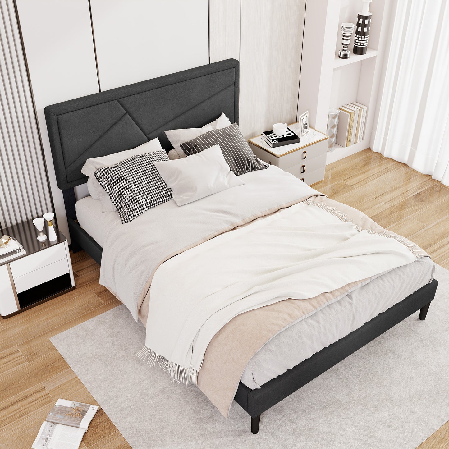 Twin/Full/Queen Size Upholstered Platform Bed Frame with High Headboard-Full Size Kids Crystal