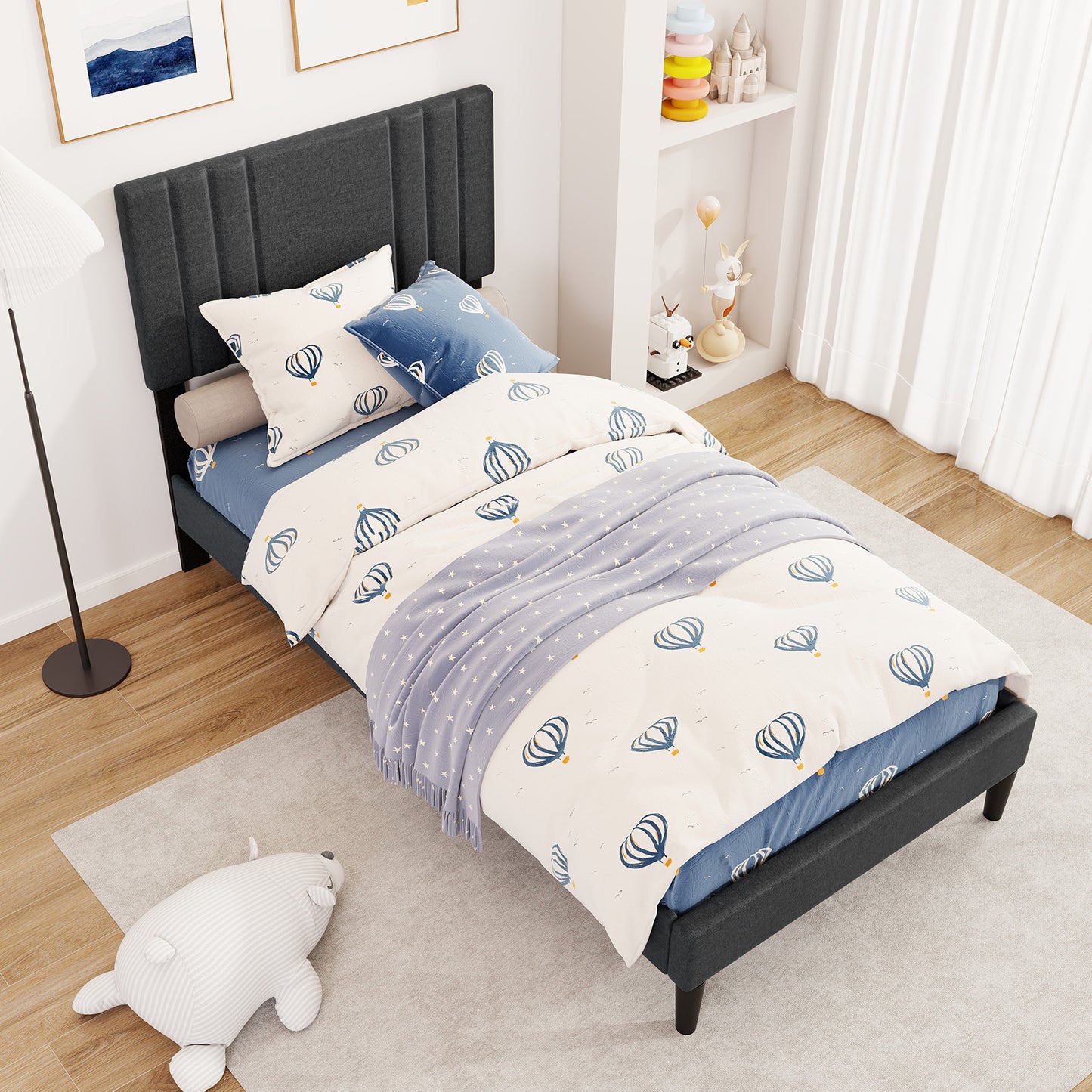 Full/Queen/Twin Size Bed Frame with Vertical Channel Tufted Headboard and Wooden Slats-Twin Size Kids Crystal