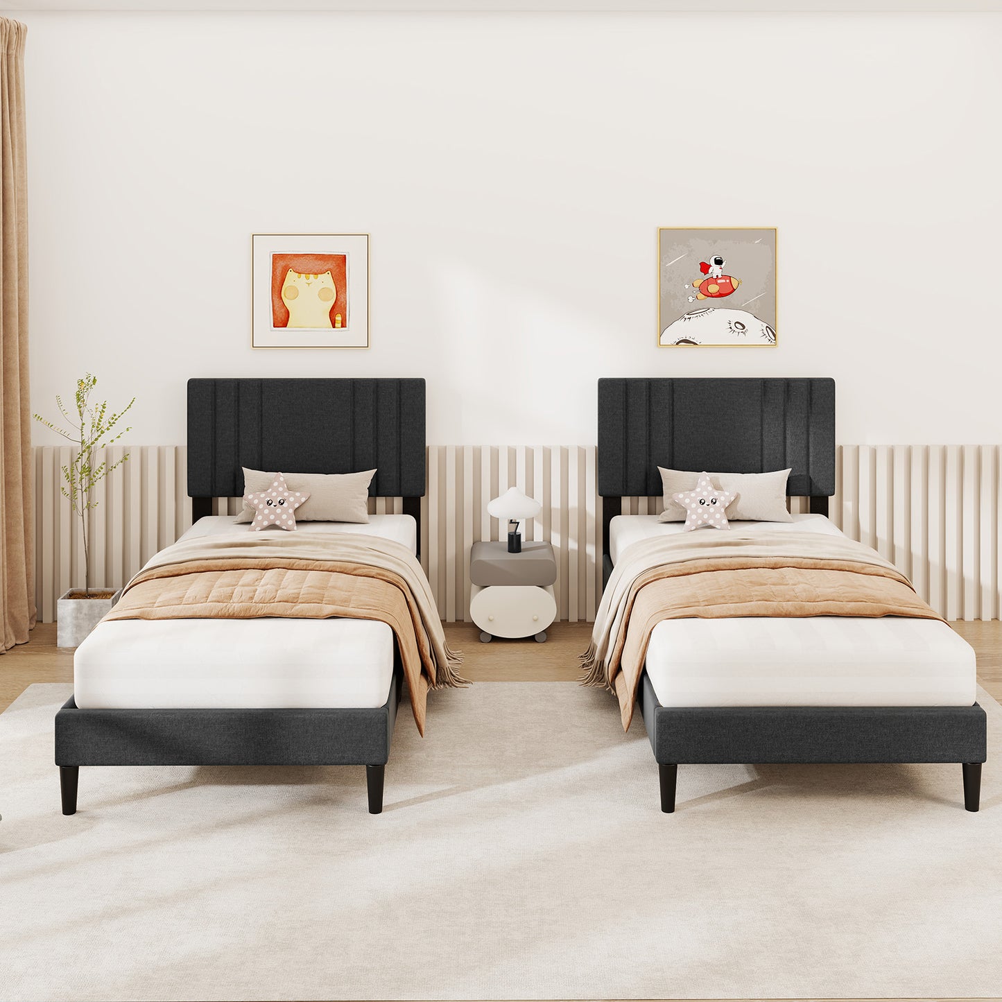 Full/Queen/Twin Size Bed Frame with Vertical Channel Tufted Headboard and Wooden Slats-Twin Size Kids Crystal