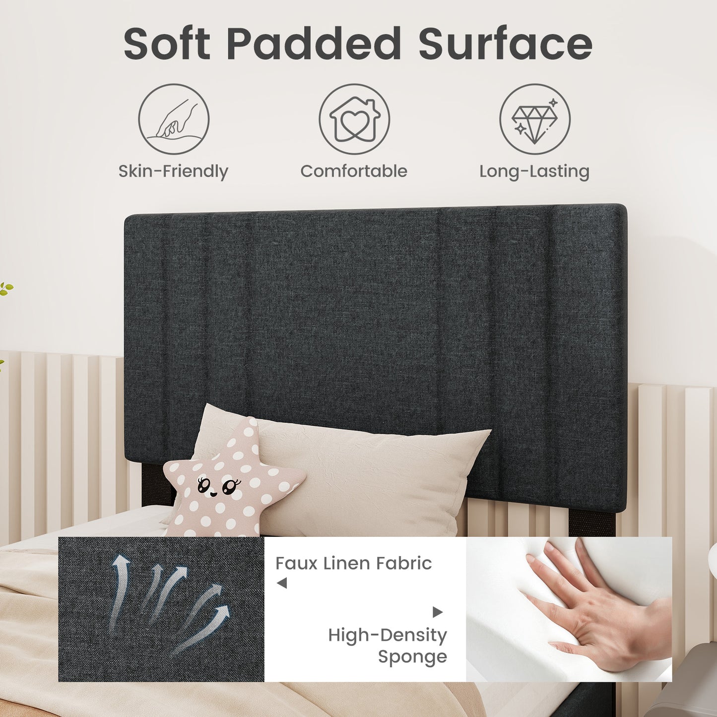 Full/Queen/Twin Size Bed Frame with Vertical Channel Tufted Headboard and Wooden Slats-Twin Size Kids Crystal