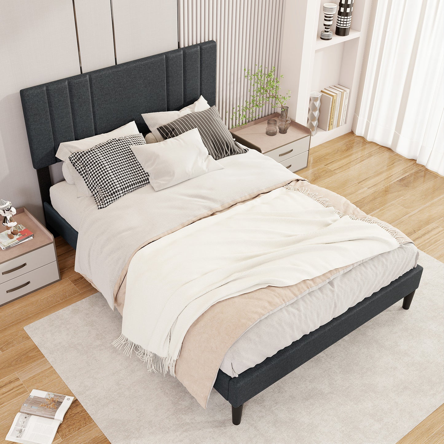 Full/Queen/Twin Size Bed Frame with Vertical Channel Tufted Headboard and Wooden Slats-Full Size Kids Crystal