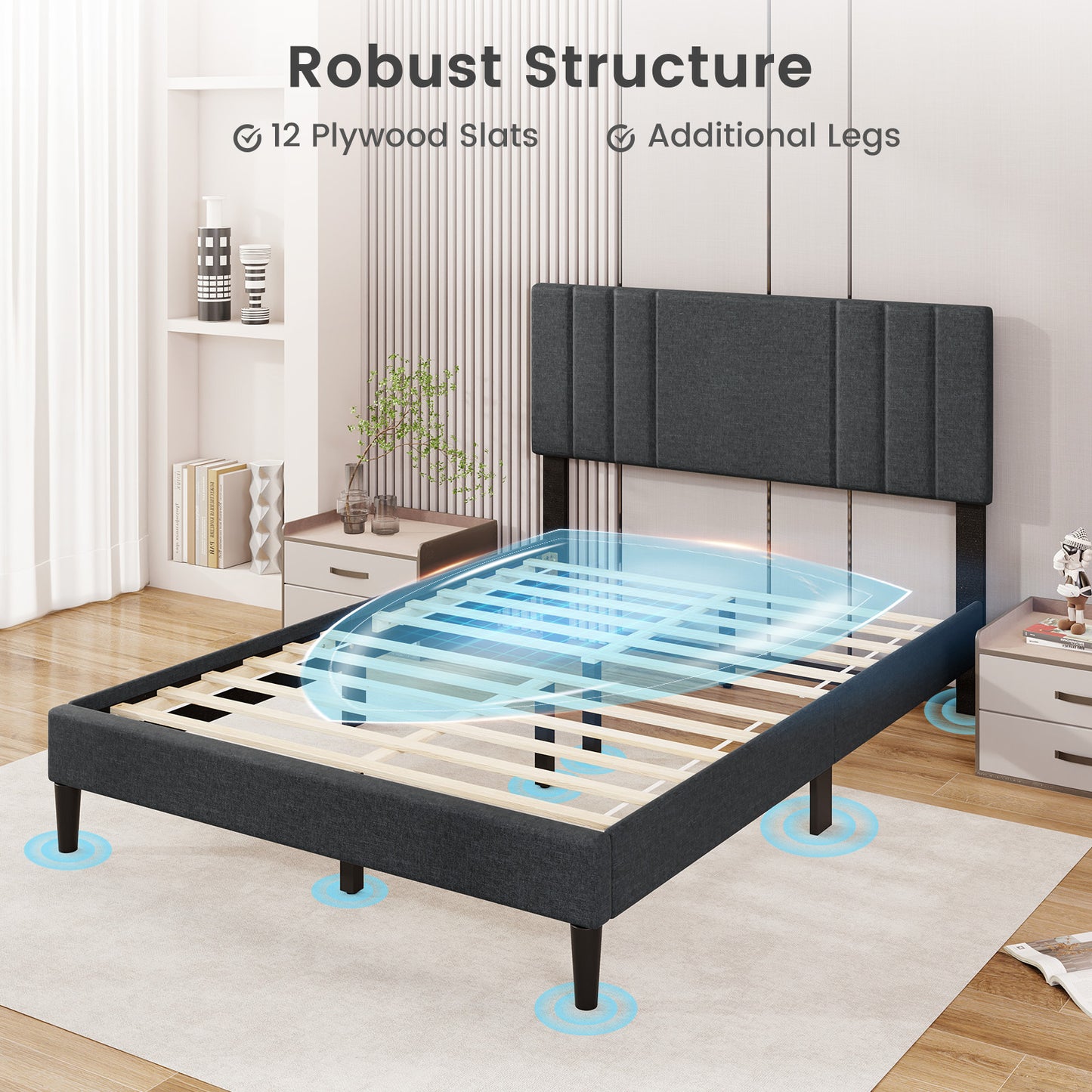 Full/Queen/Twin Size Bed Frame with Vertical Channel Tufted Headboard and Wooden Slats-Full Size Kids Crystal