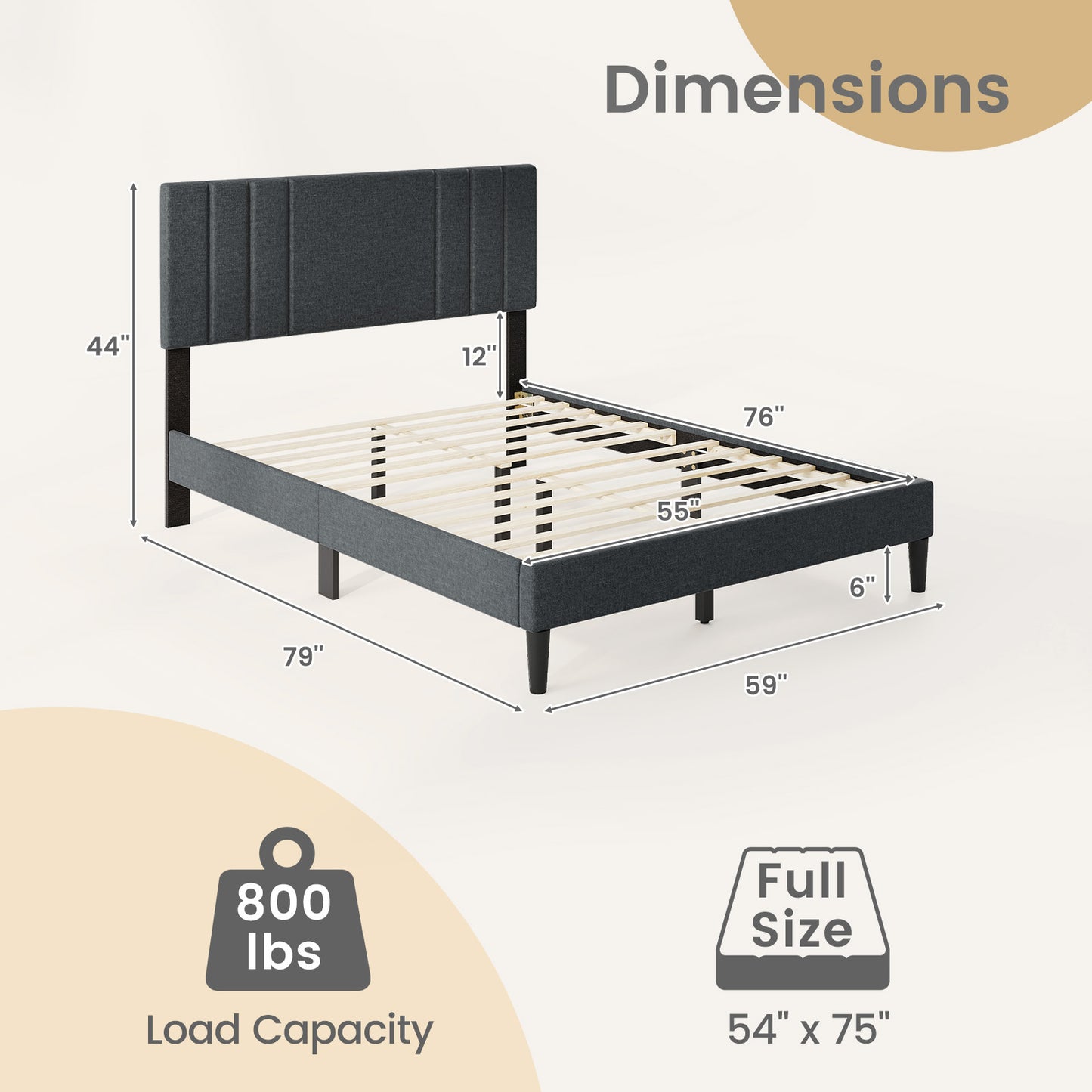 Full/Queen/Twin Size Bed Frame with Vertical Channel Tufted Headboard and Wooden Slats-Full Size Kids Crystal