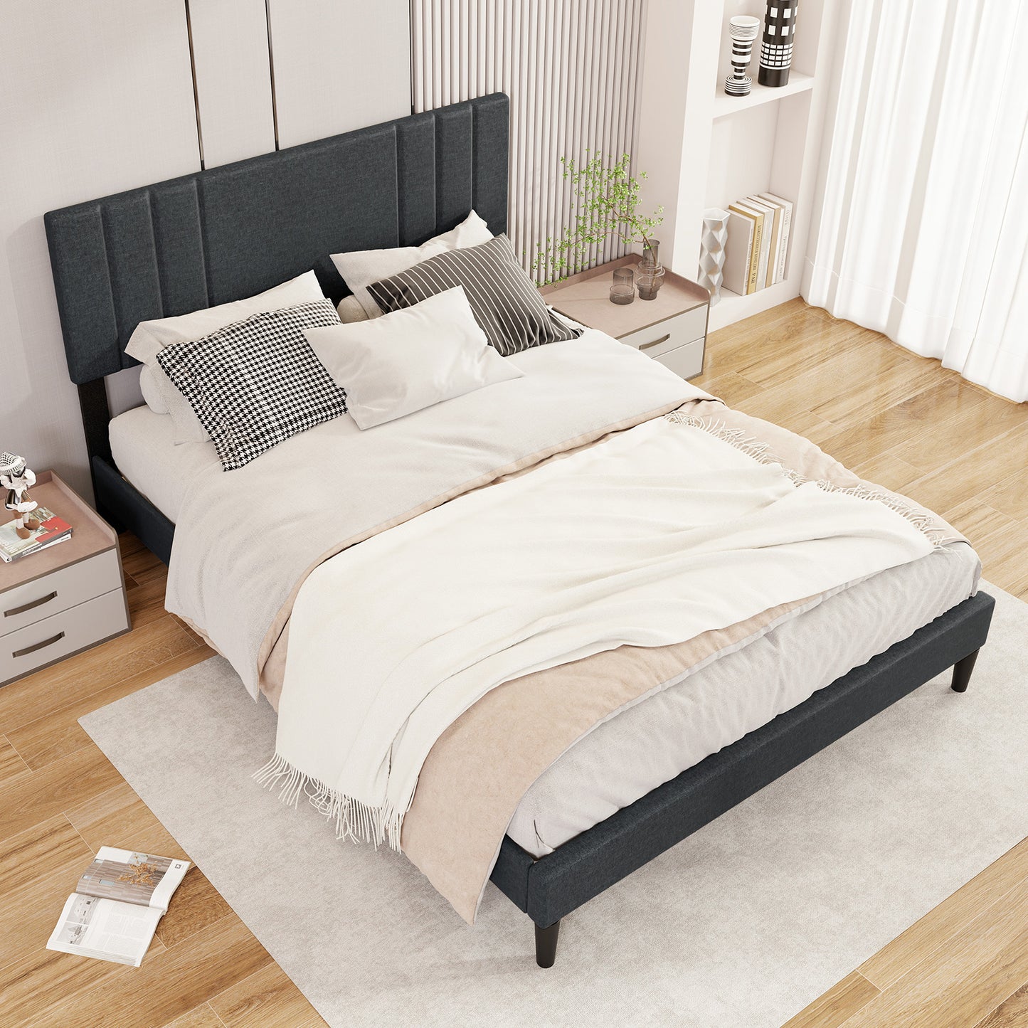 Full/Queen/Twin Size Bed Frame with Vertical Channel Tufted Headboard and Wooden Slats-Queen Size Kids Crystal