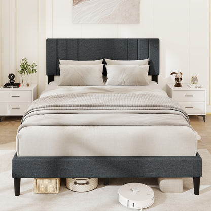 Full/Queen/Twin Size Bed Frame with Vertical Channel Tufted Headboard and Wooden Slats-Queen Size