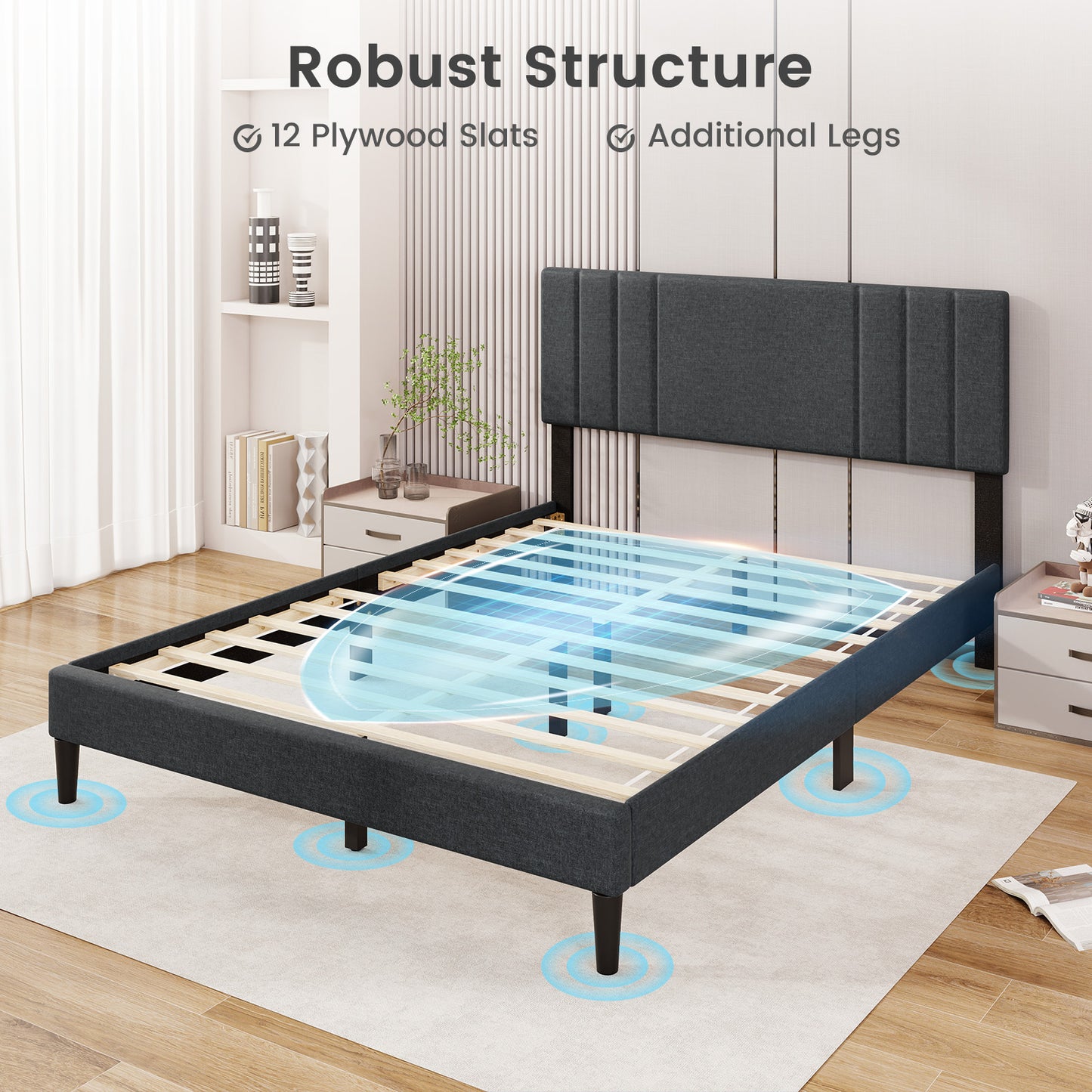 Full/Queen/Twin Size Bed Frame with Vertical Channel Tufted Headboard and Wooden Slats-Queen Size Kids Crystal