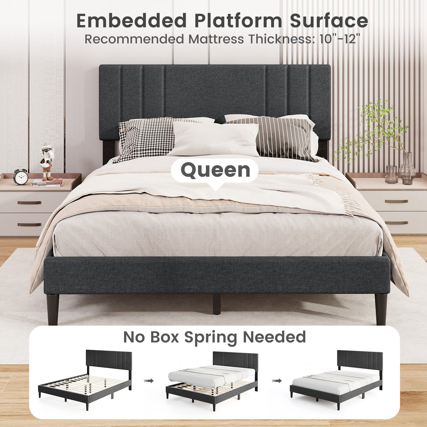 Full/Queen/Twin Size Bed Frame with Vertical Channel Tufted Headboard and Wooden Slats-Queen Size Kids Crystal