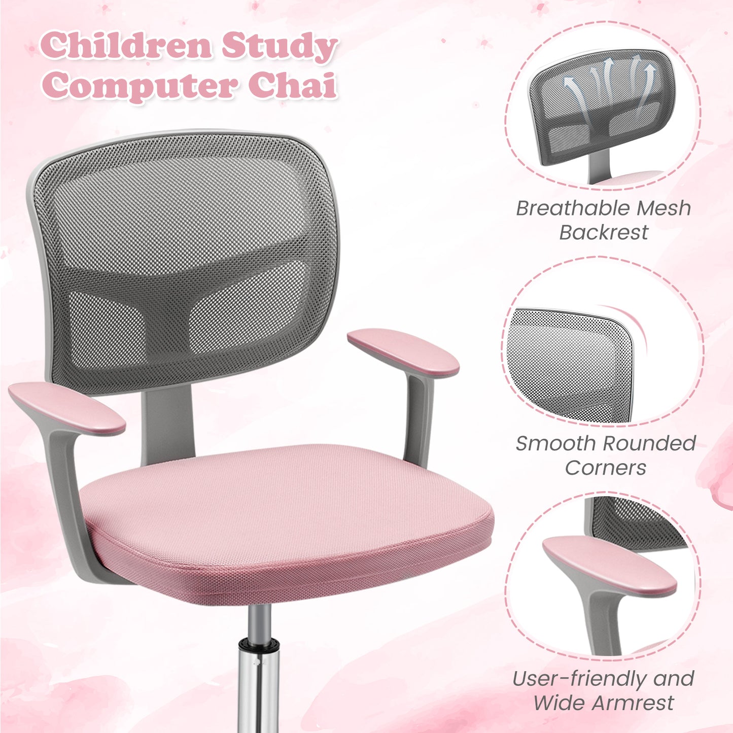 Adjustable Desk Chair with Auto Brake Casters for Kids-Pink