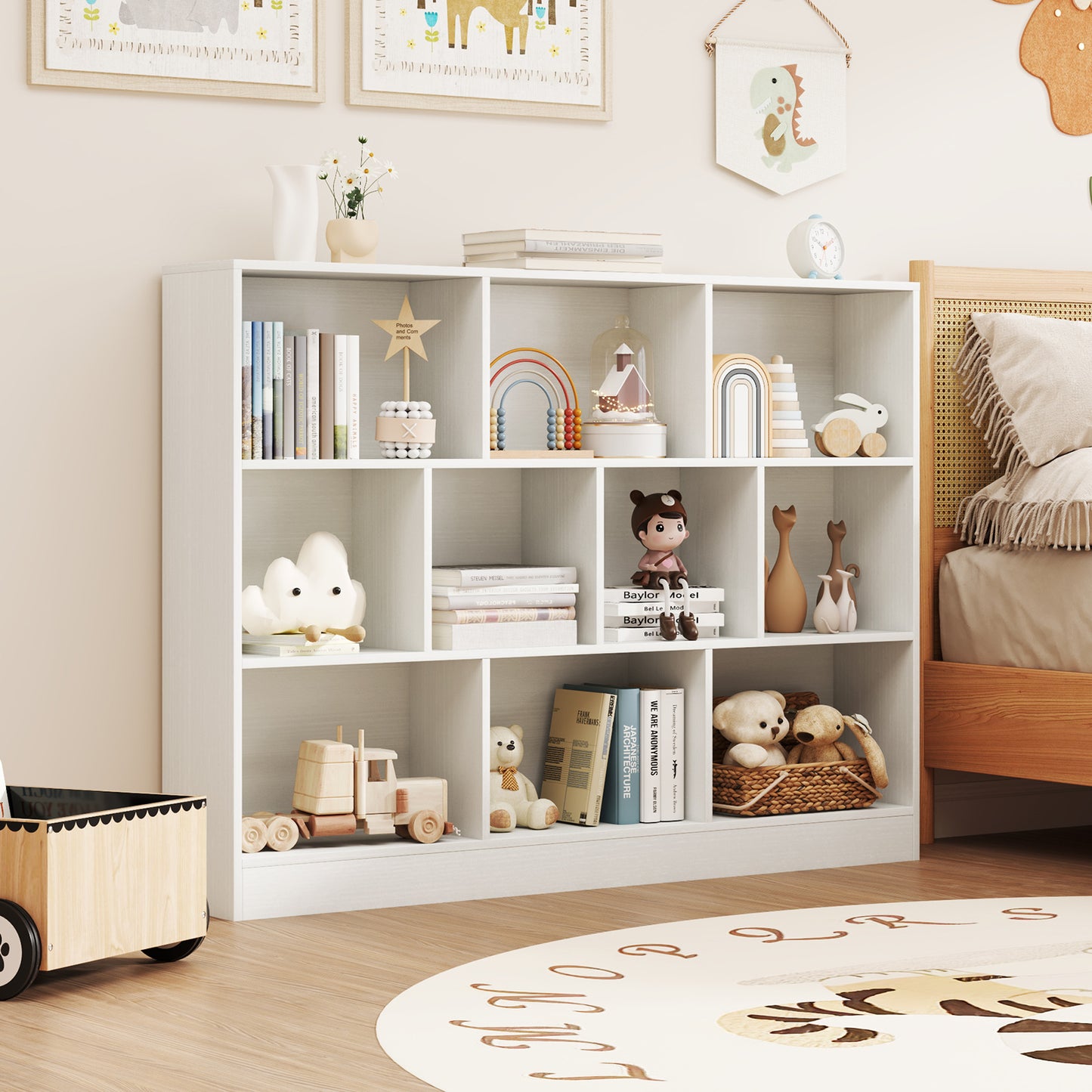 41 inches Wooden Toy Storage Organizer with 10 Cubes for Classroom Daycare Nursery Kindergarten-White Kids Crystal