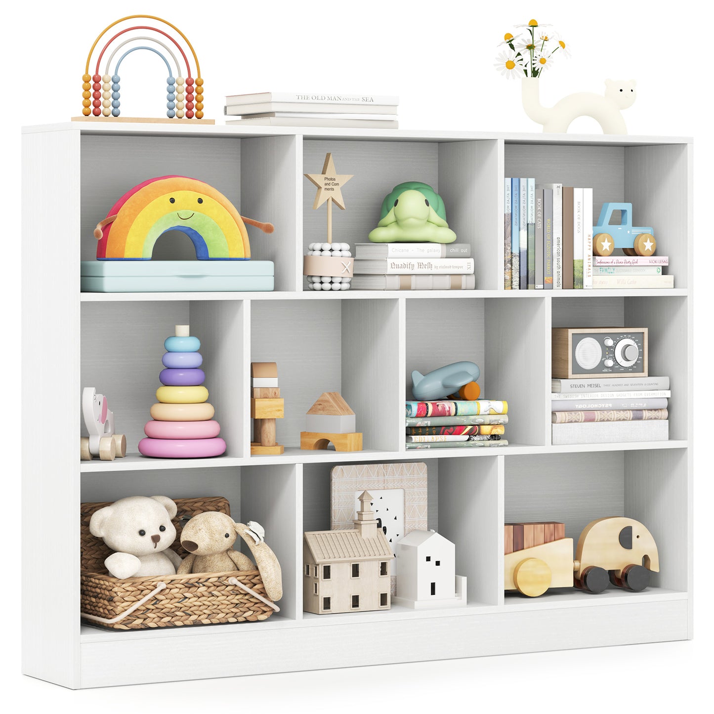 41 inches Wooden Toy Storage Organizer with 10 Cubes for Classroom Daycare Nursery Kindergarten-White Kids Crystal