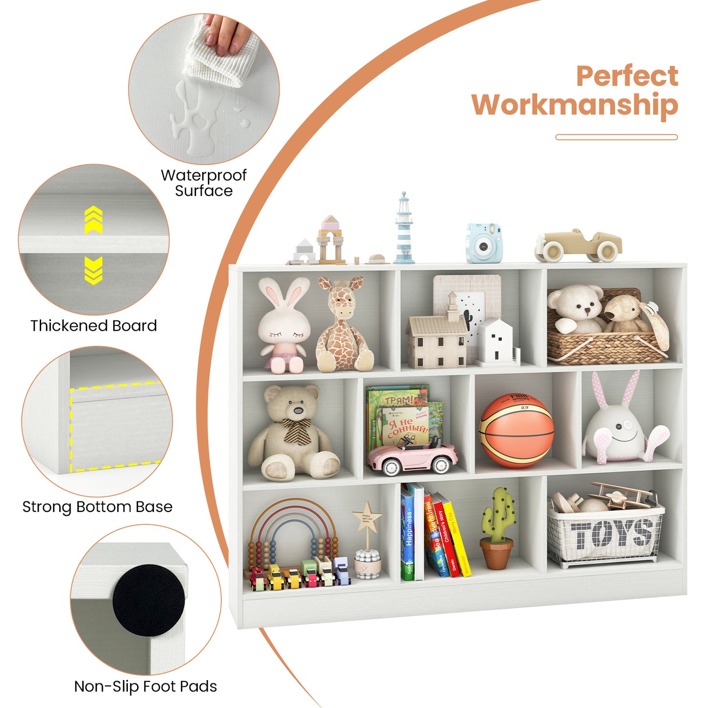 41 inches Wooden Toy Storage Organizer with 10 Cubes for Classroom Daycare Nursery Kindergarten-White Kids Crystal