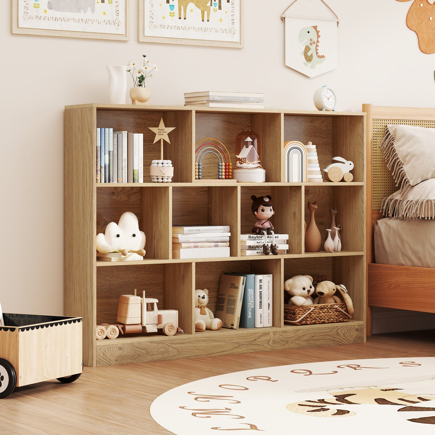 41 inches Wooden Toy Storage Organizer with 10 Cubes for Classroom Daycare Nursery Kindergarten-Natural Kids Crystal