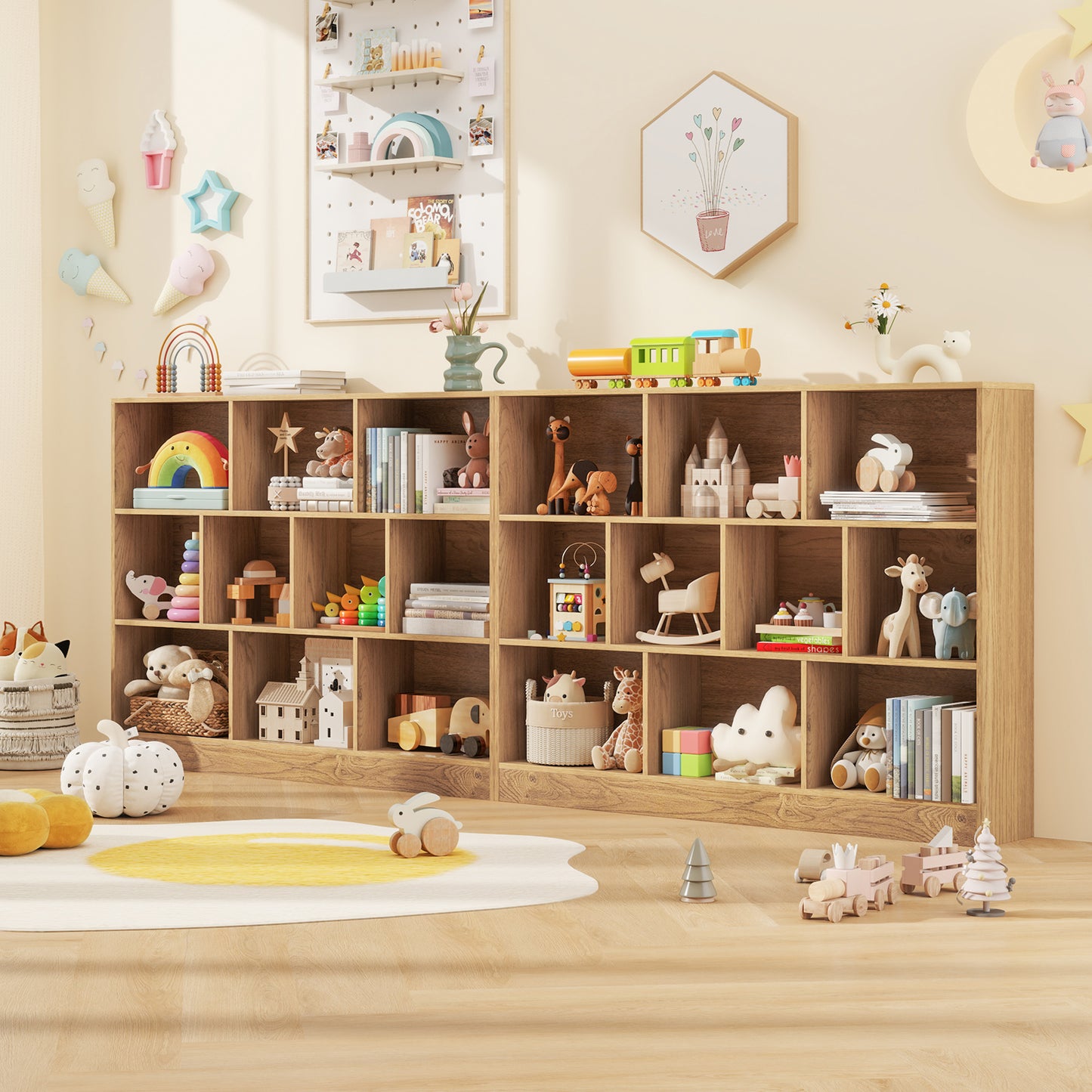 41 inches Wooden Toy Storage Organizer with 10 Cubes for Classroom Daycare Nursery Kindergarten-Natural Kids Crystal