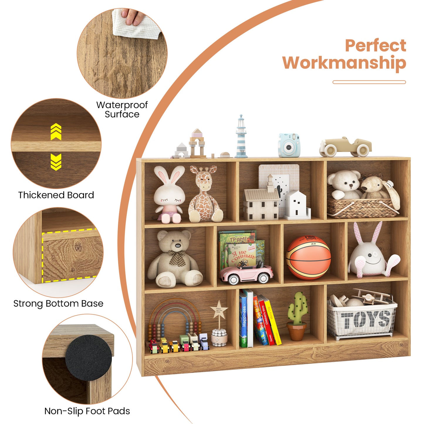 41 inches Wooden Toy Storage Organizer with 10 Cubes for Classroom Daycare Nursery Kindergarten-Natural Kids Crystal