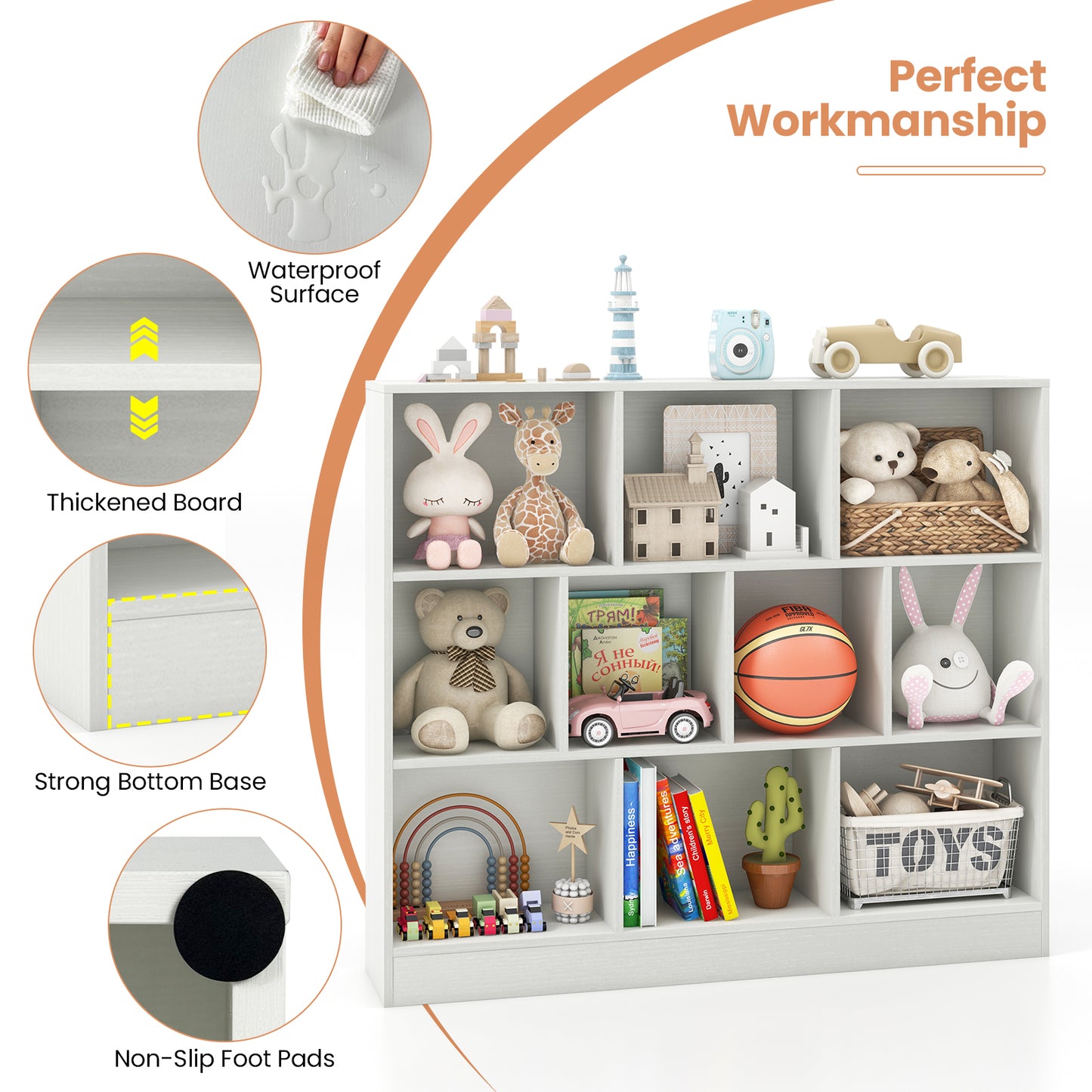 41 inches Wooden Toy Storage Organizer with 10 Cubes for Kids-White Kids Crystal
