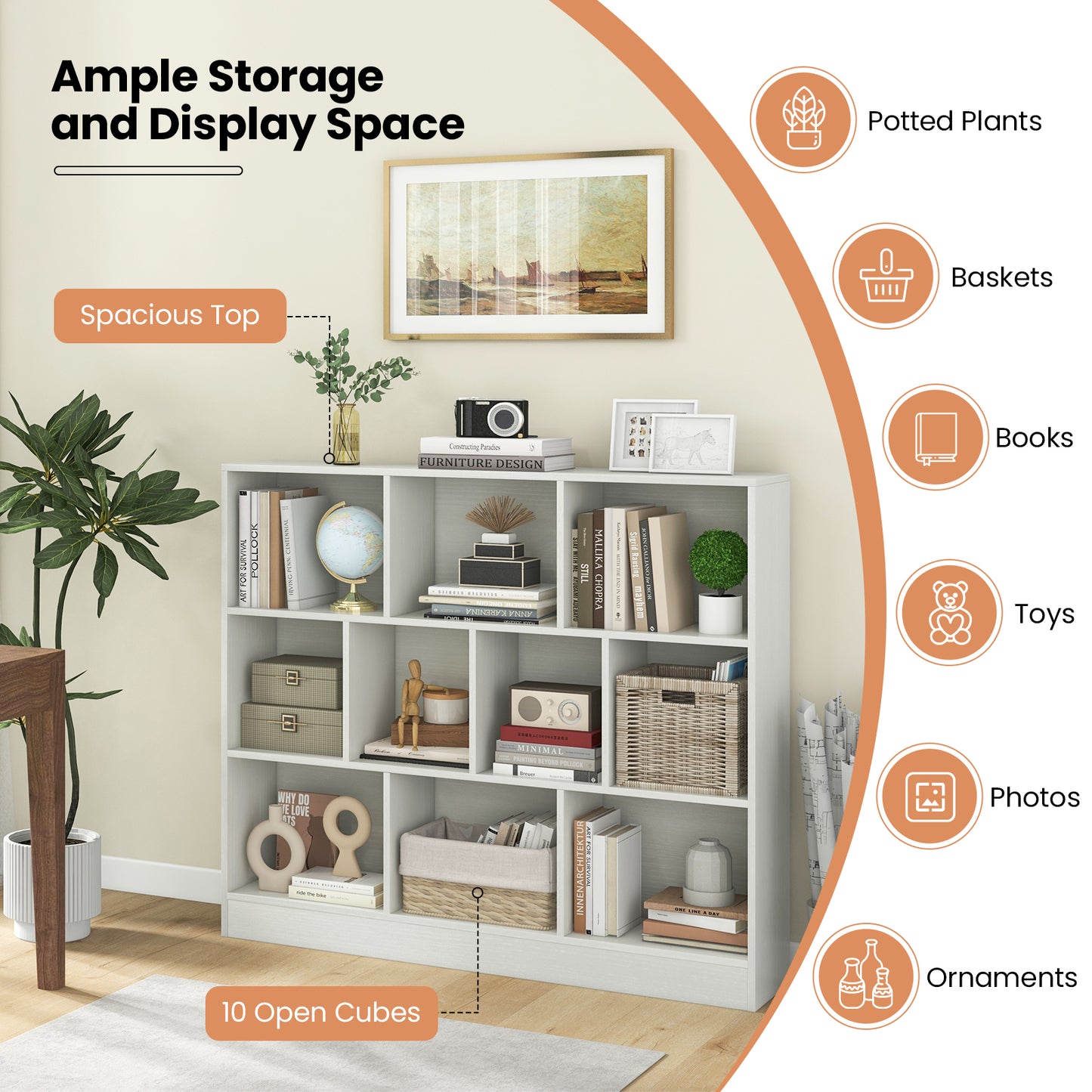 41 inches Wooden Toy Storage Organizer with 10 Cubes for Kids-White Kids Crystal