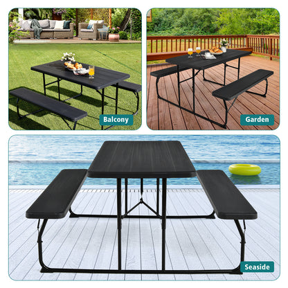 Indoor and Outdoor Folding Picnic Table Bench Set with Wood-like Texture-Black