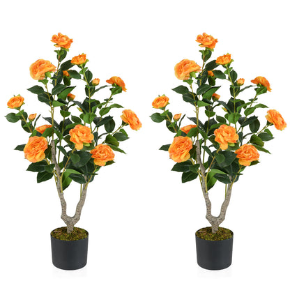 36 Inch Artificial Camellia Tree with Blooming Flower 2 Pack-Orange