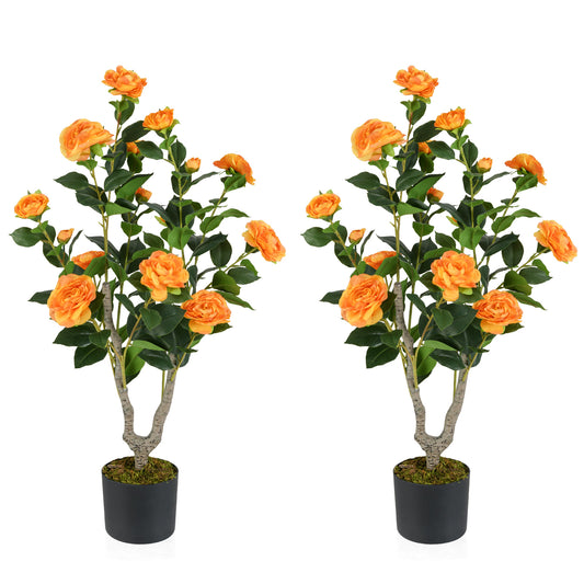 36 Inch Artificial Camellia Tree with Blooming Flower 2 Pack-Orange Kids Crystal