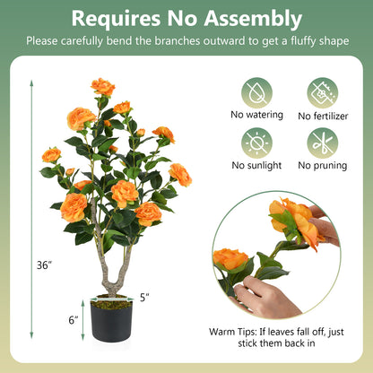 36 Inch Artificial Camellia Tree with Blooming Flower 2 Pack-Orange