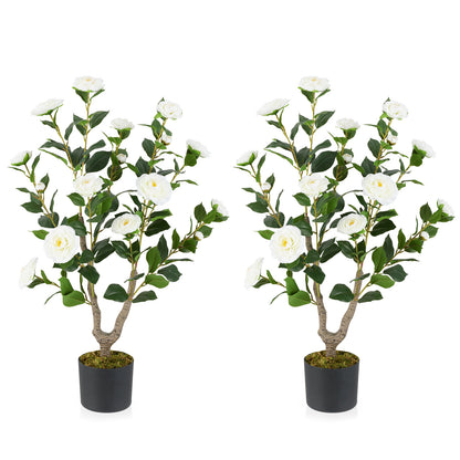 36 Inch Artificial Camellia Tree with Blooming Flower 2 Pack-White