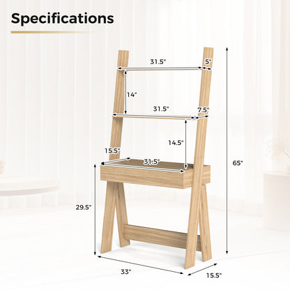 Ladder Shelf Desk Bookcase with Countertop Drawer and 2 Shelves-Natural