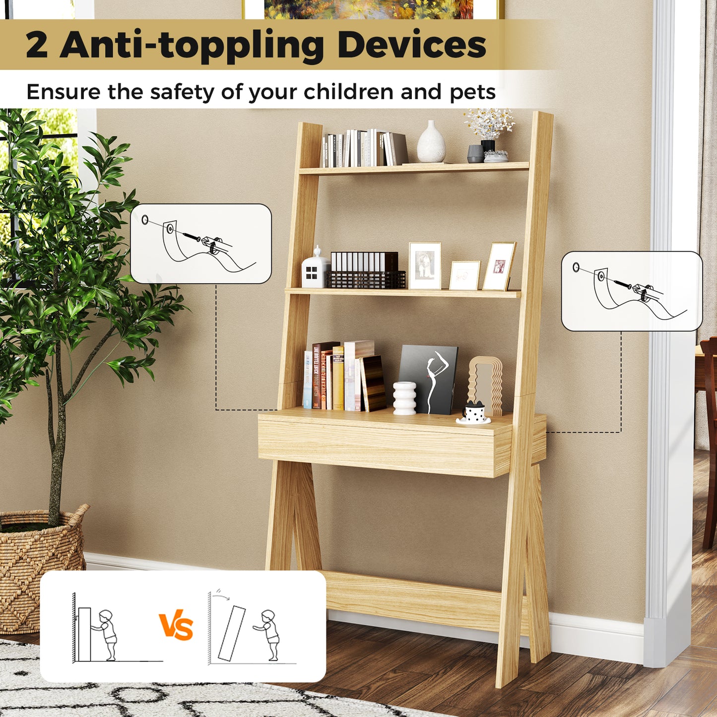 Ladder Shelf Desk Bookcase with Countertop Drawer and 2 Shelves-Natural Kids Crystal