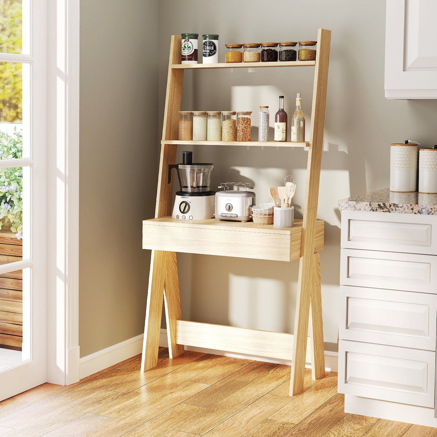 Ladder Shelf Desk Bookcase with Countertop Drawer and 2 Shelves-Natural Kids Crystal