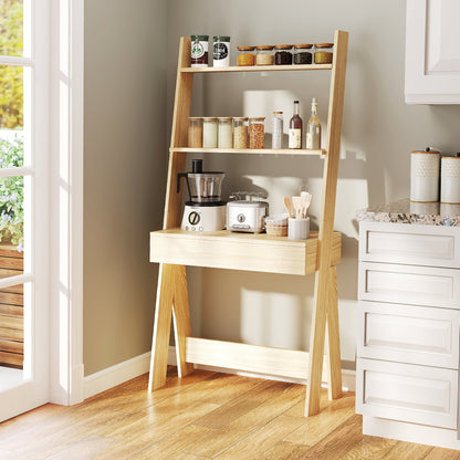 Ladder Shelf Desk Bookcase with Countertop Drawer and 2 Shelves-Natural