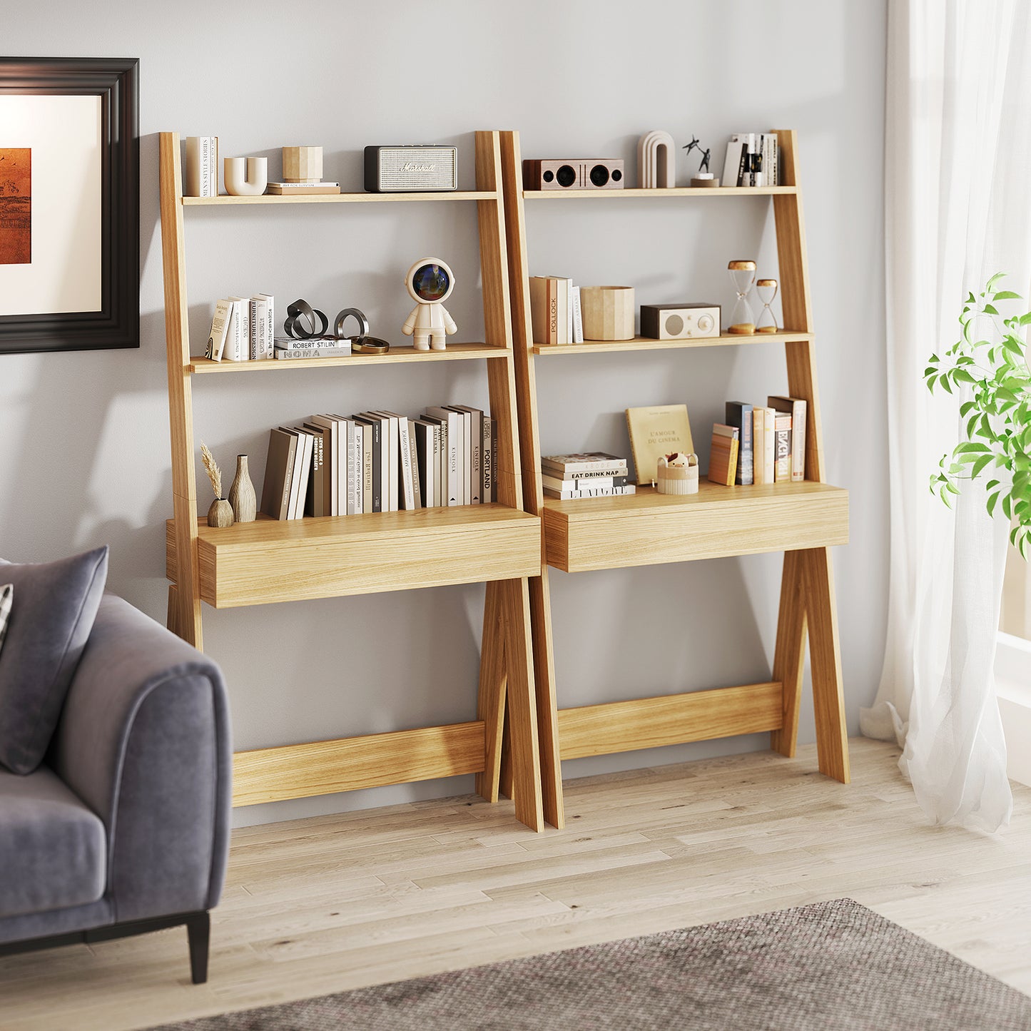 Ladder Shelf Desk Bookcase with Countertop Drawer and 2 Shelves-Natural Kids Crystal
