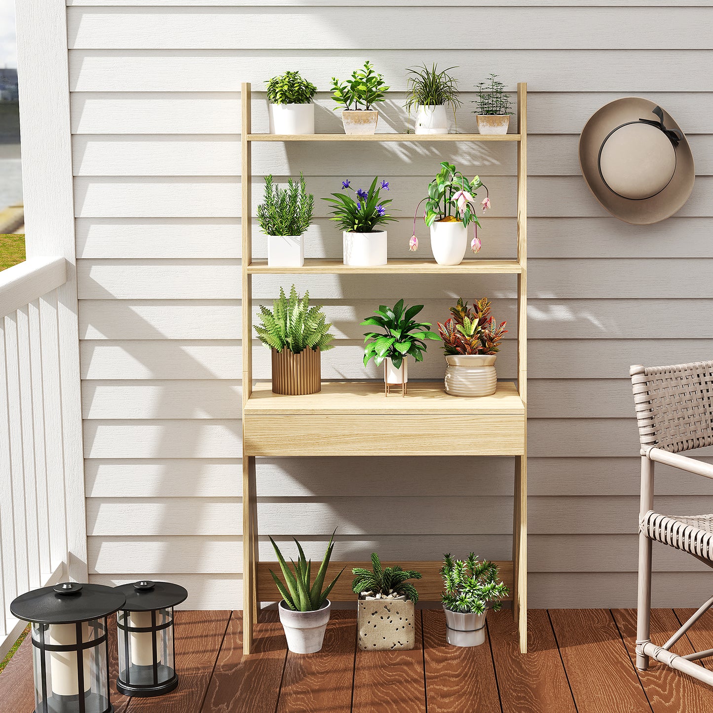 Ladder Shelf Desk Bookcase with Countertop Drawer and 2 Shelves-Natural Kids Crystal