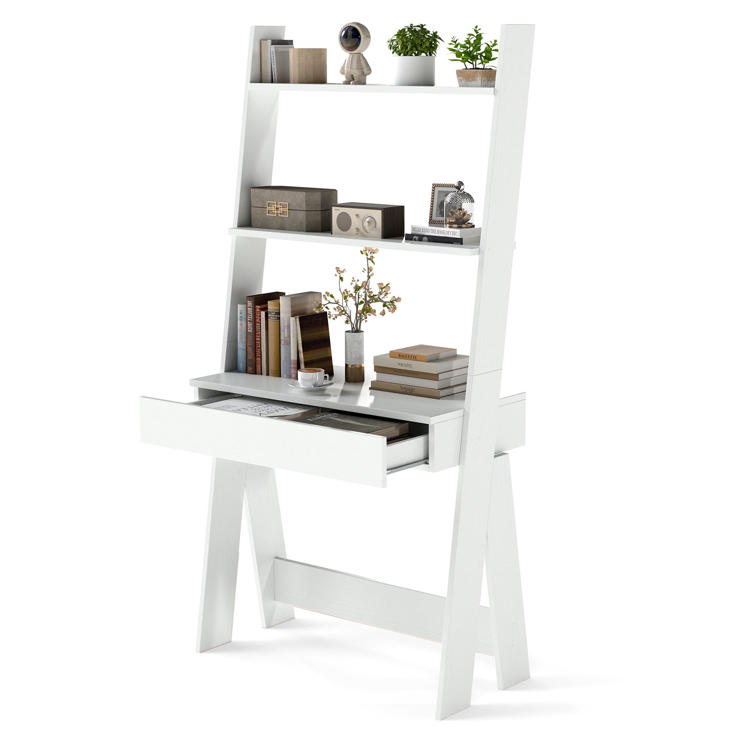 Ladder Shelf Desk with Countertop Drawer and Anti-Toppling Device-Oak Kids Crystal