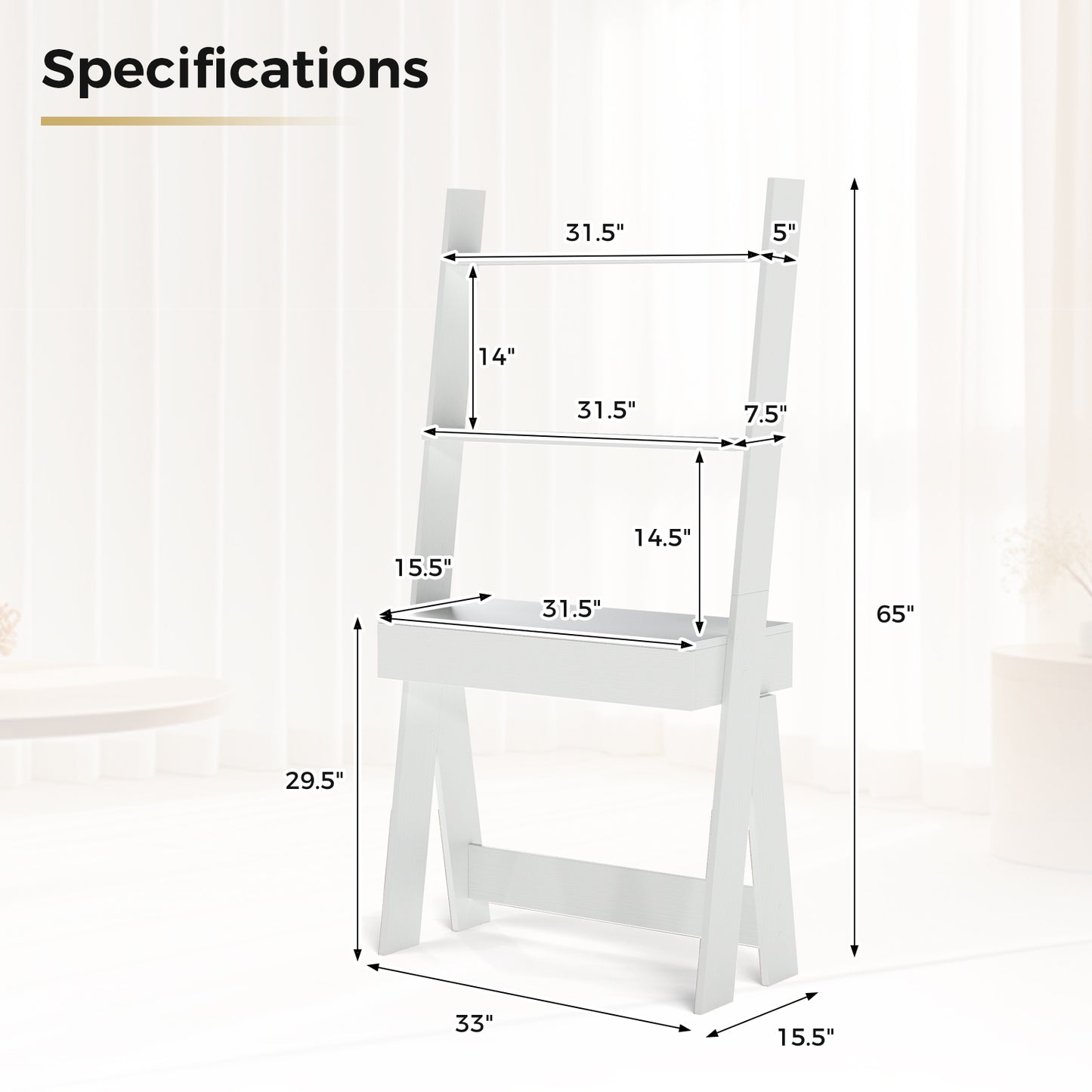 Ladder Shelf Desk with Countertop Drawer and Anti-Toppling Device-Oak Kids Crystal