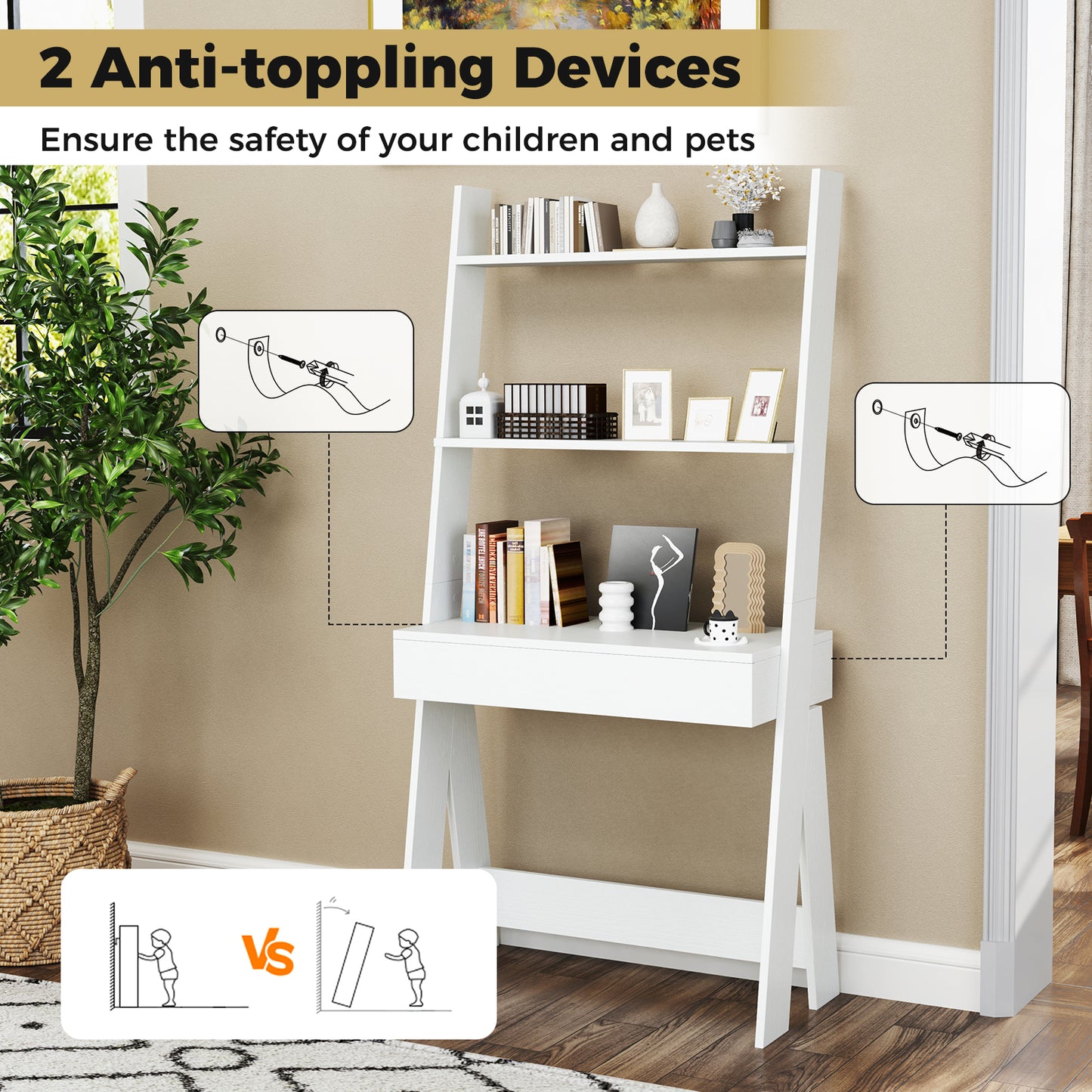 Ladder Shelf Desk with Countertop Drawer and Anti-Toppling Device-Oak Kids Crystal
