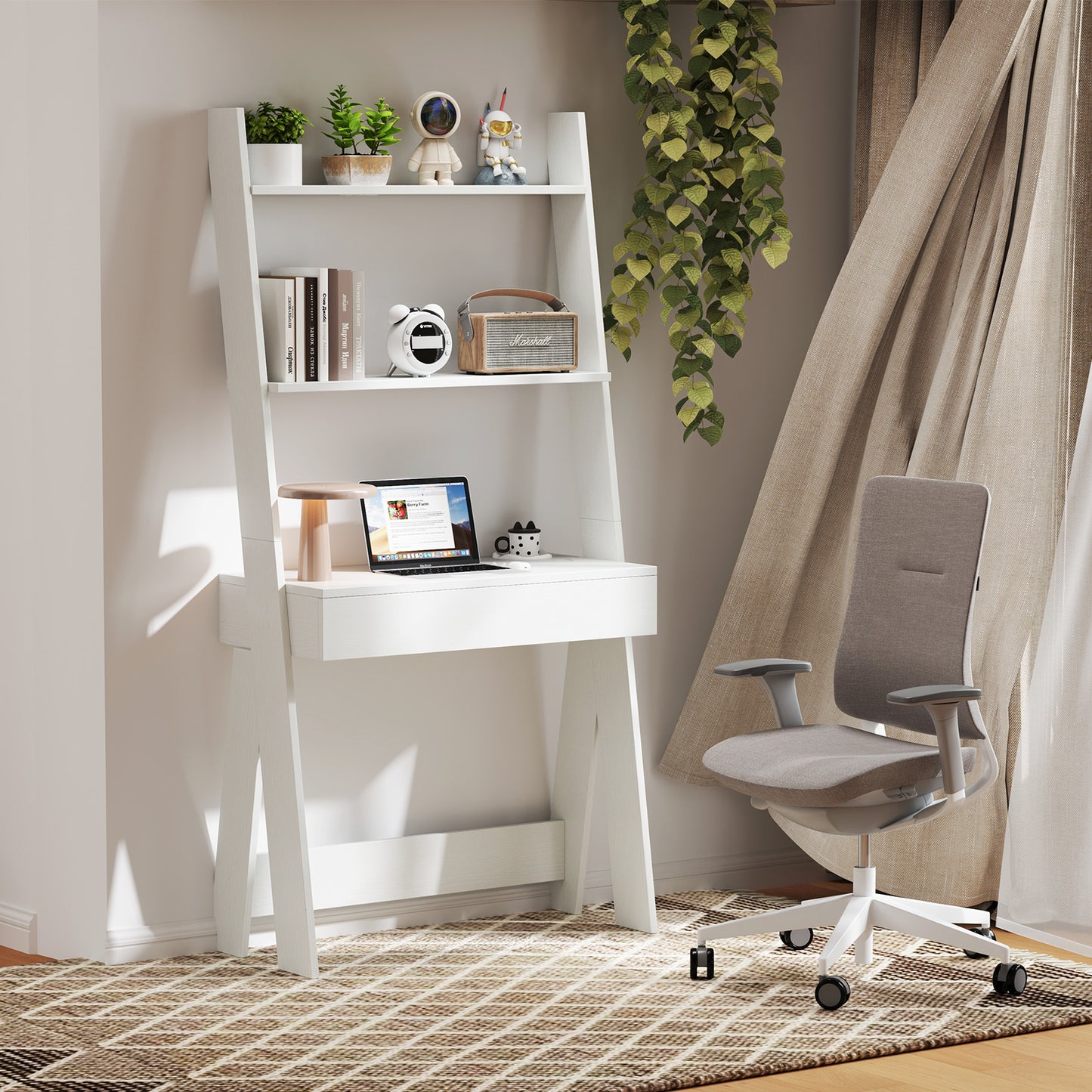 Ladder Shelf Desk with Countertop Drawer and Anti-Toppling Device-Oak Kids Crystal
