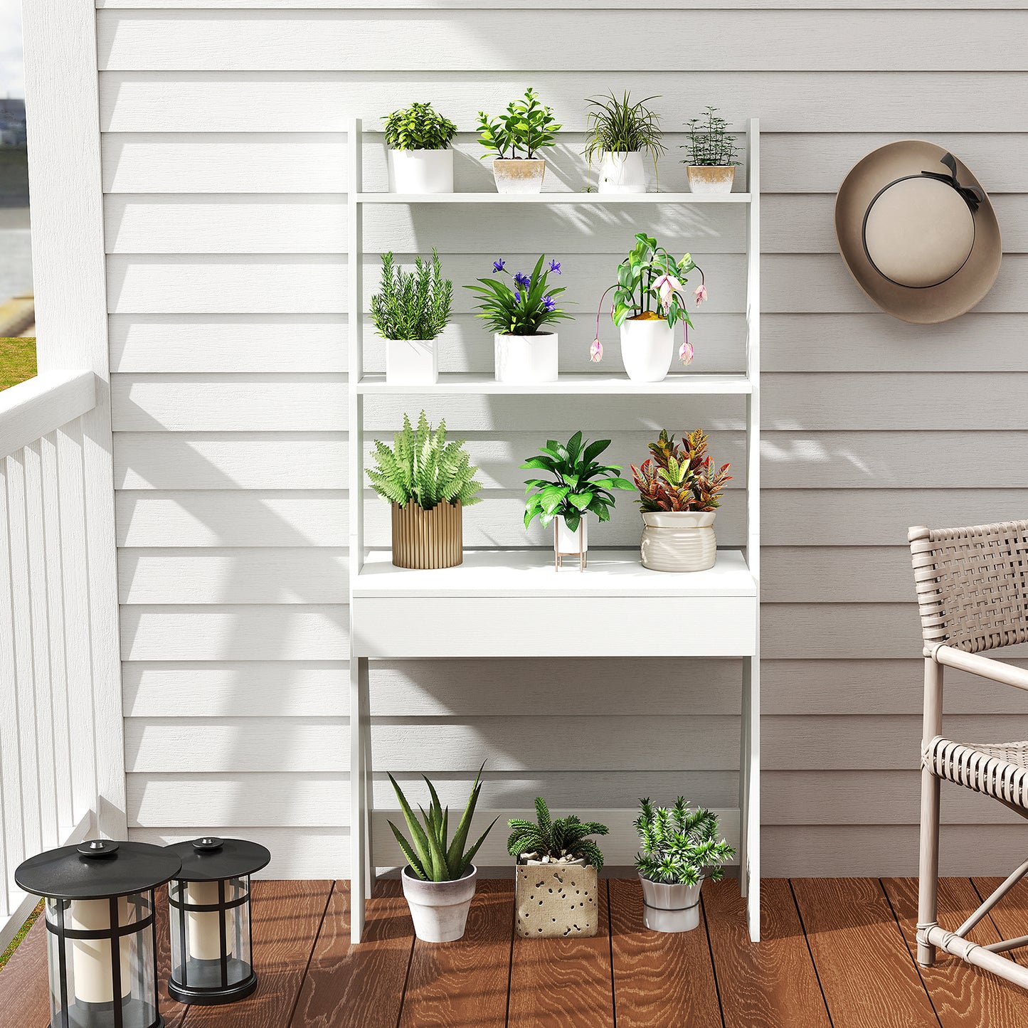 Ladder Shelf Desk with Countertop Drawer and Anti-Toppling Device-Oak Kids Crystal