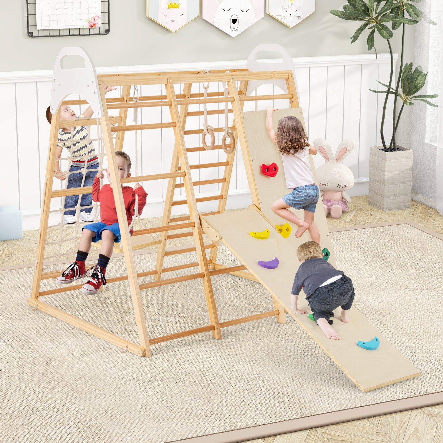 8-in-1 Wooden Jungle Gym Playset with Slide and Monkey Bars-Natural Kids Crystal