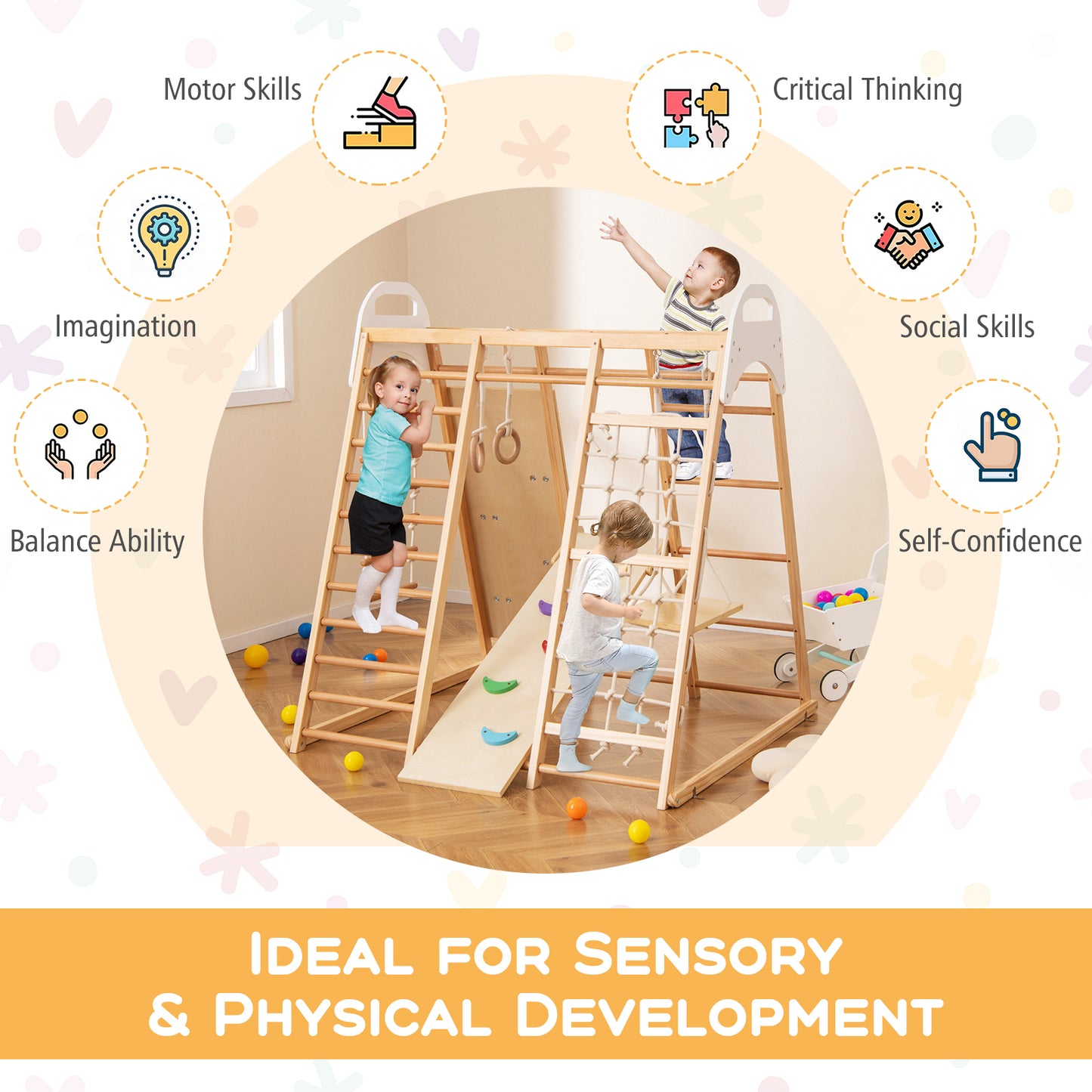 8-in-1 Wooden Jungle Gym Playset with Slide and Monkey Bars-Natural Kids Crystal