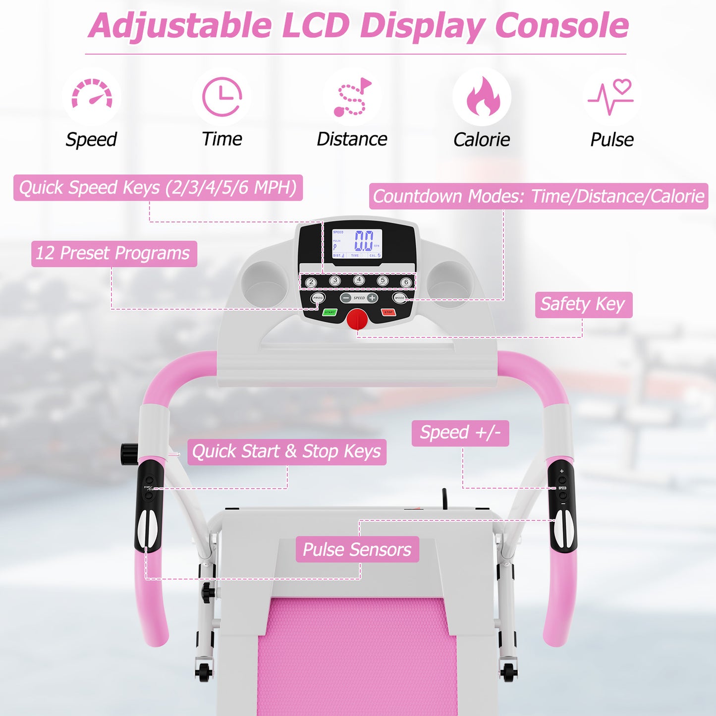 Folding Treadmill with 12 Preset Programs and LCD Display-White Kids Crystal