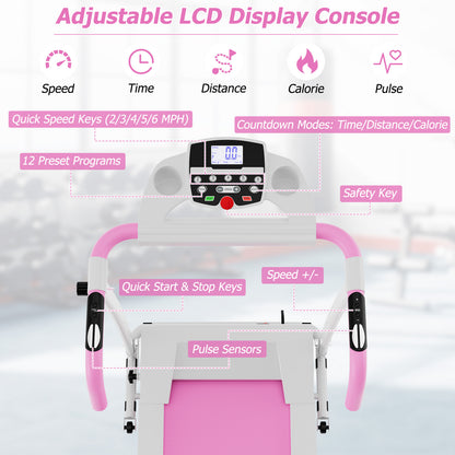 Folding Treadmill with 12 Preset Programs and LCD Display-White