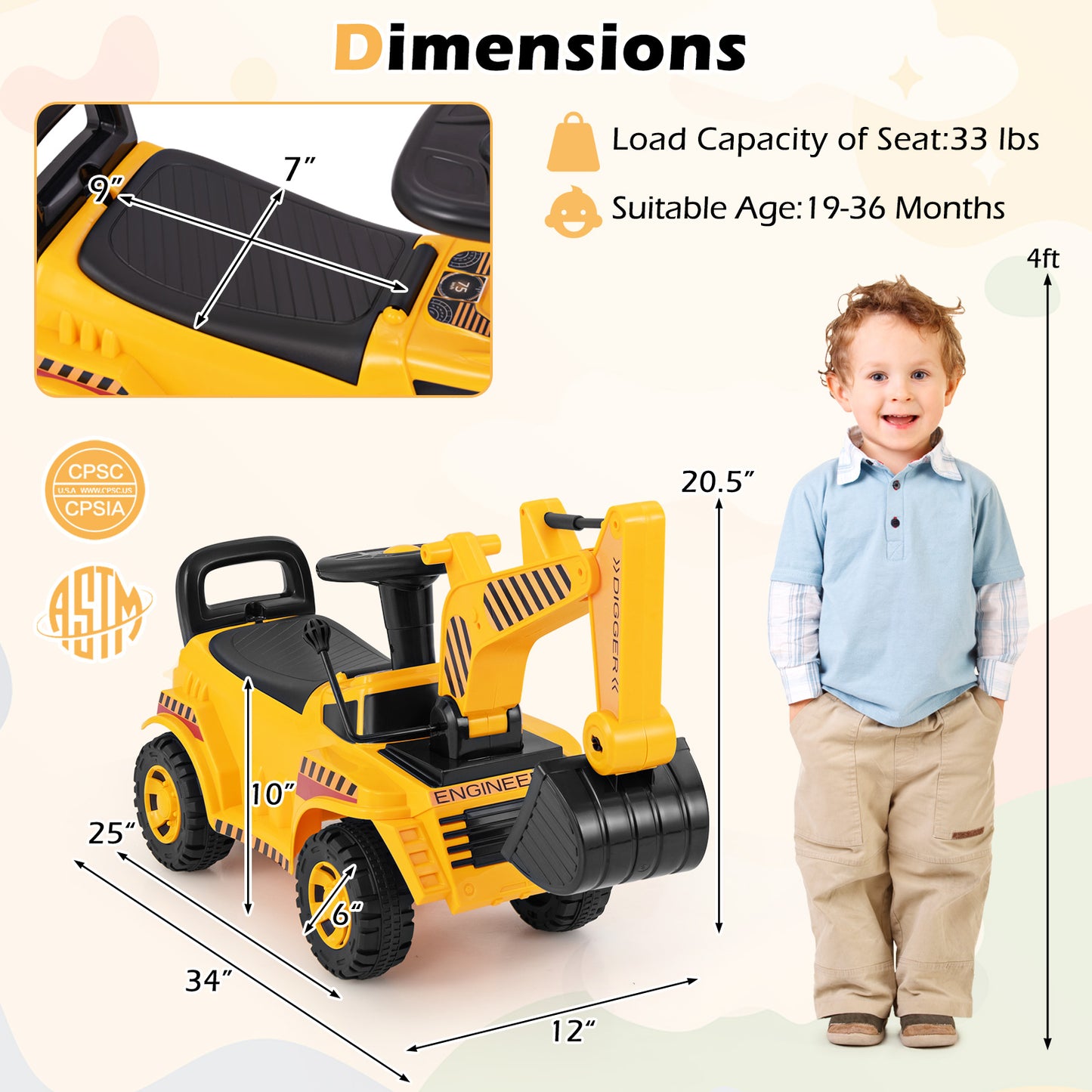 Kids Ride on Excavator with Adjustable Shovel-Yellow Kids Crystal