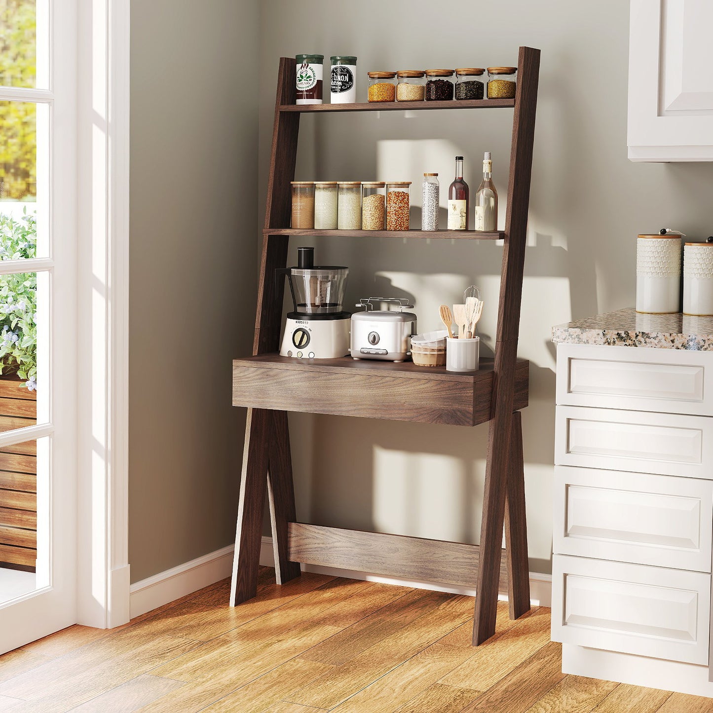 Ladder Shelf Desk Bookcase with Countertop Drawer and 2 Shelves-Walnut Kids Crystal